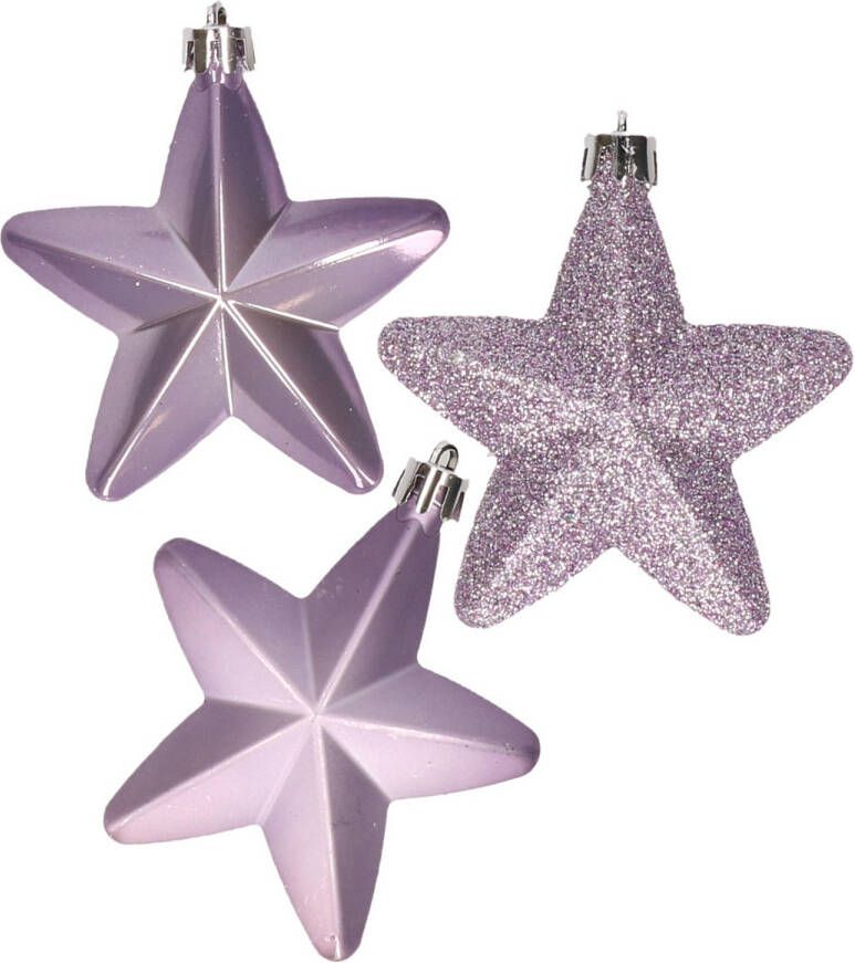 Decoris Kerstornamenten kunststof sterren 6x st lila paars 7 cm Kersthangers