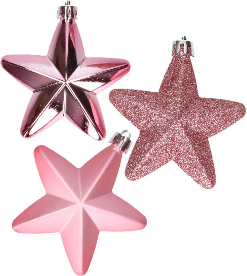 Decoris Kerstornamenten kunststof sterren 6x st roze 7 cm Kersthangers