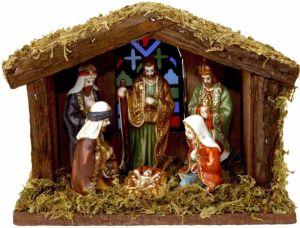 Merkloos Houten kerststal met verlichting en figuren Kerststallen