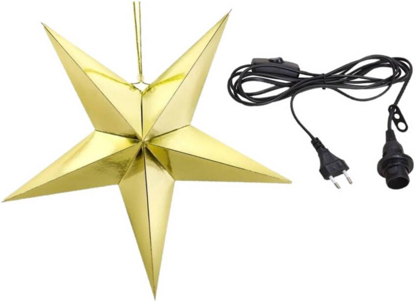 Merkloos Kerstster decoratie gouden ster lampion 70 cm inclusief zwarte lichtkabel Kerststerren