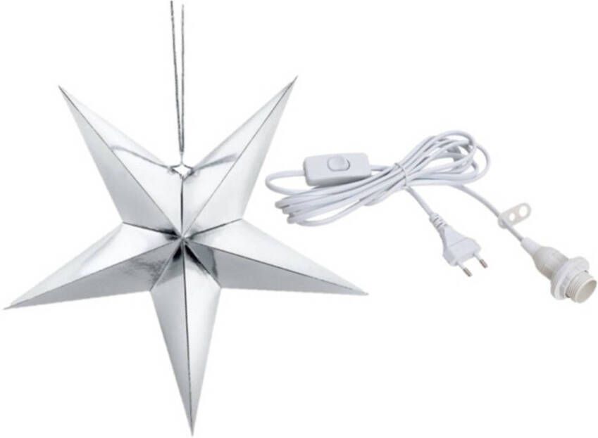 Merkloos Kerstster decoratie zilveren ster lampion 70 cm inclusief witte lichtkabel Kerststerren