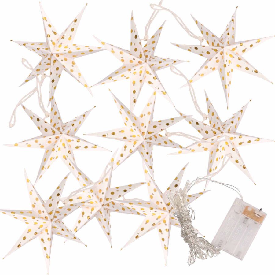 Merkloos Kerstverlichting op batterijen lichtsnoer met witte papieren sterren 250 cm Lichtsnoeren