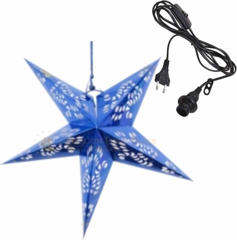 Merkloos Kerstversiering blauwe kerststerren 60 cm inclusief zwarte lichtkabel Kerststerren