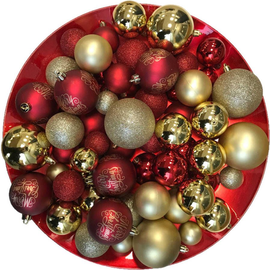 Merkloos Kerstversiering kerstballen set rood met goud 4-5-6-8 cm 82-delig Kerstbal