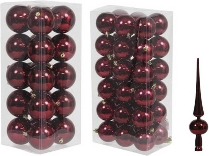 Merkloos Kerstversiering kunststof kerstballen met piek bordeaux rood 6 en 8 cm pakket van 57x stuks Kerstbal