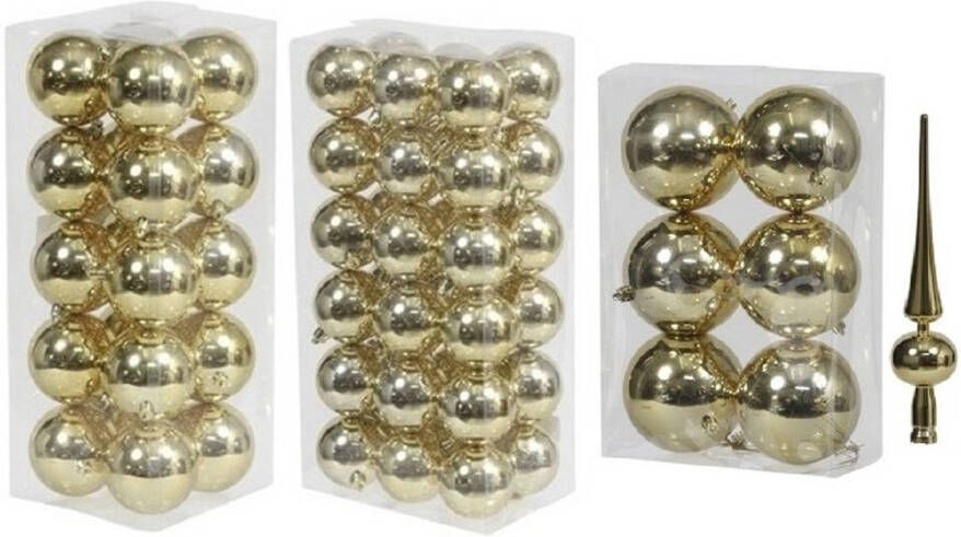 Merkloos Kerstversiering kunststof kerstballen met piek goud 6-8-10 cm pakket van 63x stuks Kerstbal