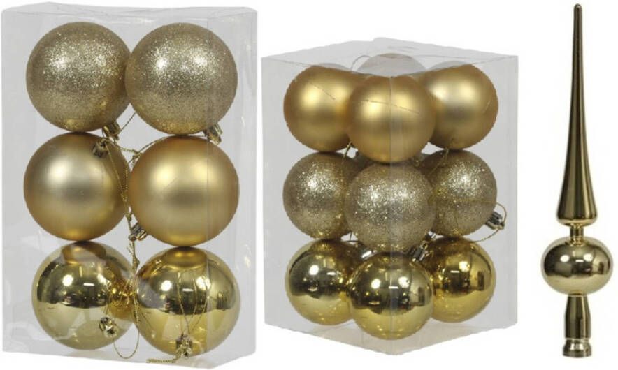 Merkloos Kerstversiering kunststof kerstballen met piek goud 6 en 8 cm pakket van 37x stuks Kerstbal