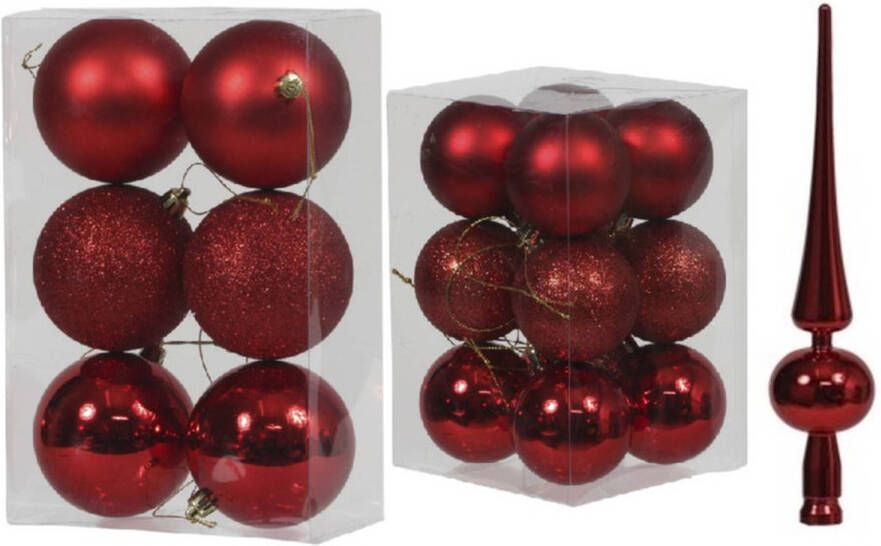Merkloos Kerstversiering kunststof kerstballen met piek rood 6 en 8 cm pakket van 37x stuks Kerstbal