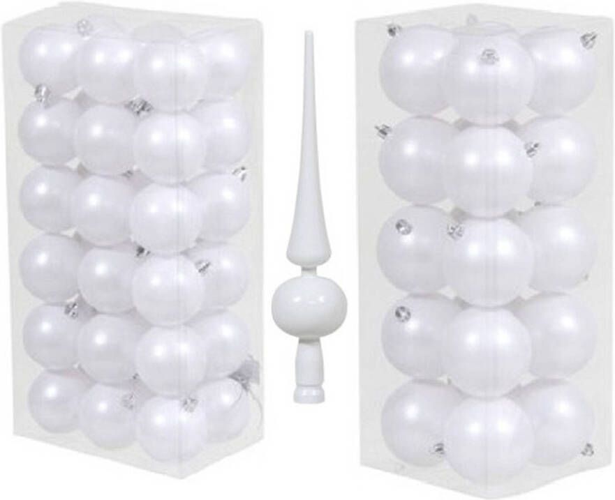 Merkloos Kerstversiering kunststof kerstballen met piek wit 6 en 8 cm pakket van 57x stuks Kerstbal