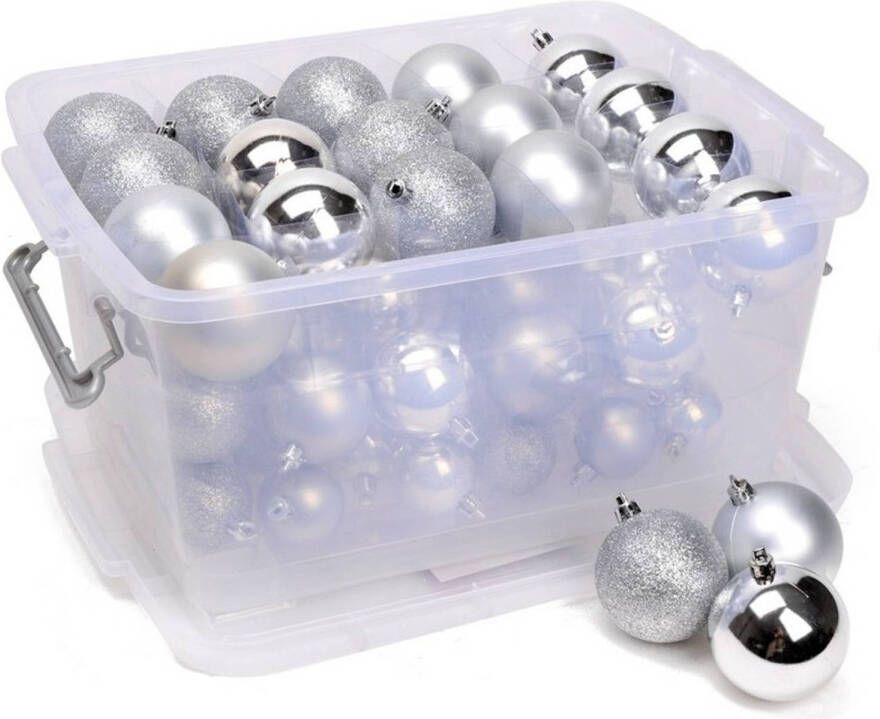 Merkloos Kerstversiering opbergboxen met 70 zilveren kunststof kerstballen Kerstbal