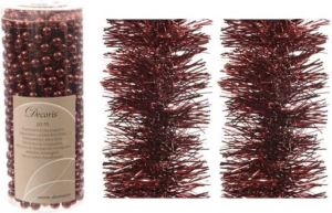 Merkloos Kerstversiering set van 2x stuks folieslingers en 1x stuks kralenslingers donkerrood Kerstslingers