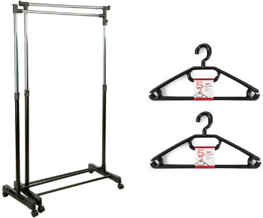 Merkloos Kledingrek met kleding hangers 2x enkele stang kunststof zwart 162 x 42 x 168 cm Kledingrekken