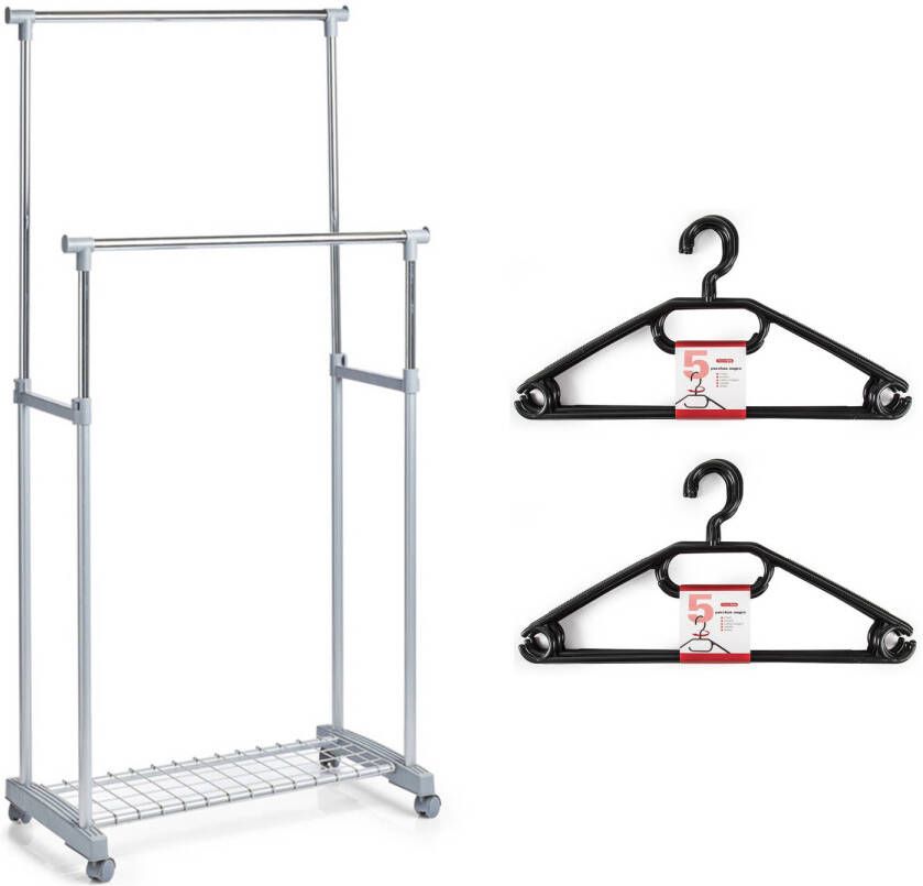 Merkloos Kledingrek met kleding hangers dubbele stang kunststof grijs 83 x 43 x 107 Kledingrekken