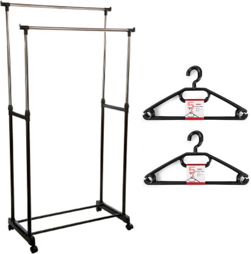 Merkloos Kledingrek met kleding hangers dubbele stang kunststof zwart 80 x 42 x 170 cm Kledingrekken