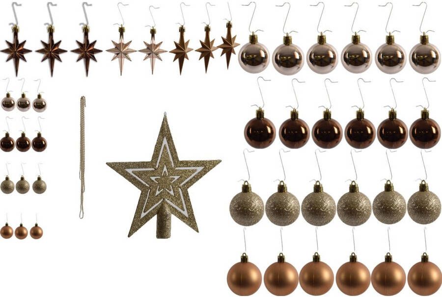 Merkloos Kleine Kerstballen met 50 Kerstbalhaakjes 3-4cm 44-delig decoratie met en piek goud bruin met glitters ketting