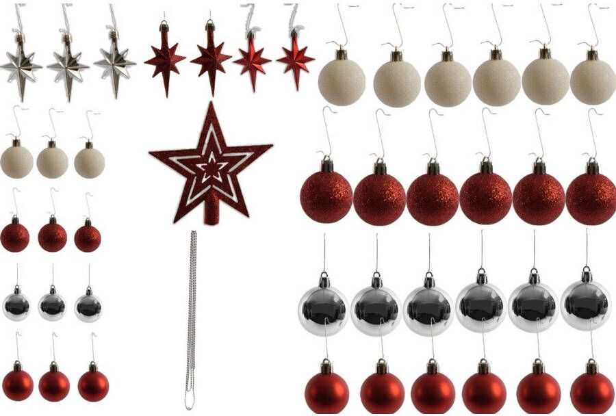 Merkloos Kleine Kerstballen met 50 Kerstbalhaakjes 3-4cm 44-delig decoratie met en piek rood zilver met glitters ketting