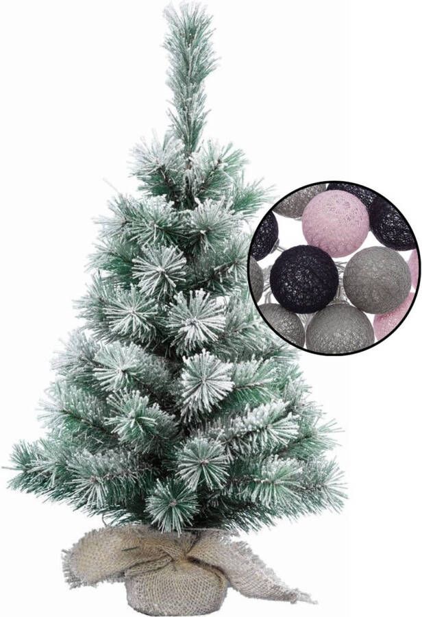 Merkloos Kleine kerstboom besneeuwd -incl. verlichting bollen mix grijs lichtroze H60 cm Kunstkerstboom