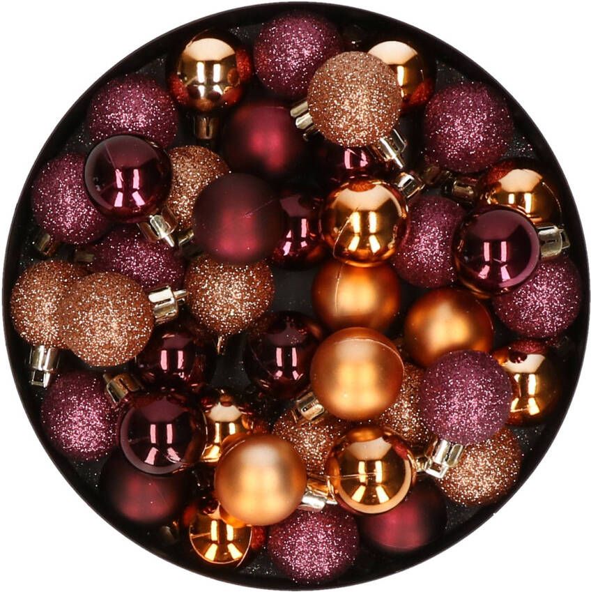 Merkloos Kleine kunststof kerstversiering 40x stuks set en 3 cm kerstballen in het aubergine en koper Kerstbal