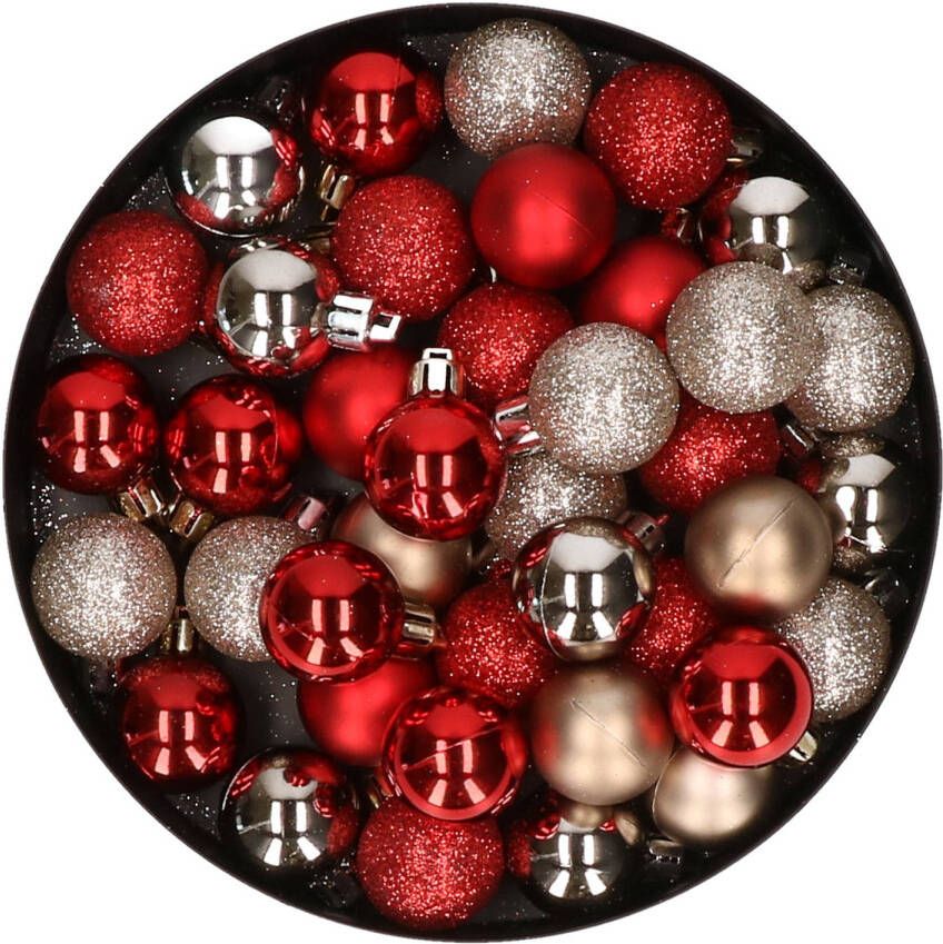 Merkloos Kleine kunststof kerstversiering 40x stuks set en 3 cm kerstballen in het champagne en rood Kerstbal