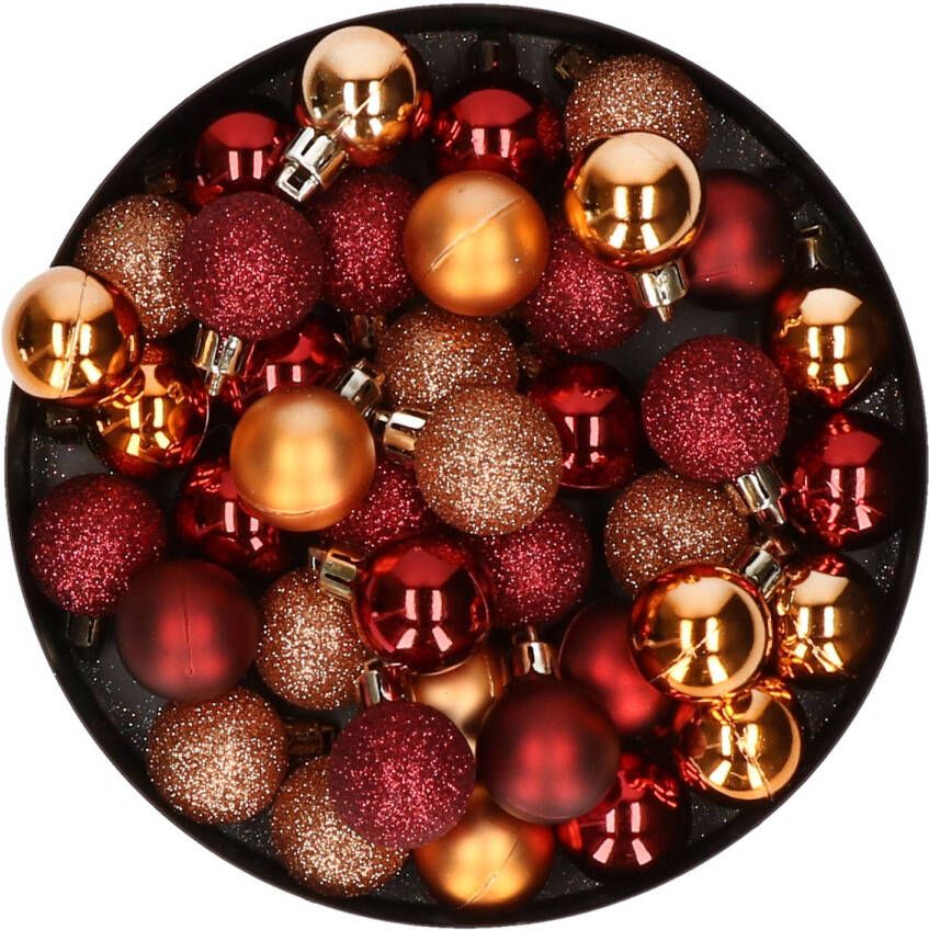 Merkloos Kleine kunststof kerstversiering 40x stuks set en 3 cm kerstballen in het donkerrood en koper Kerstbal