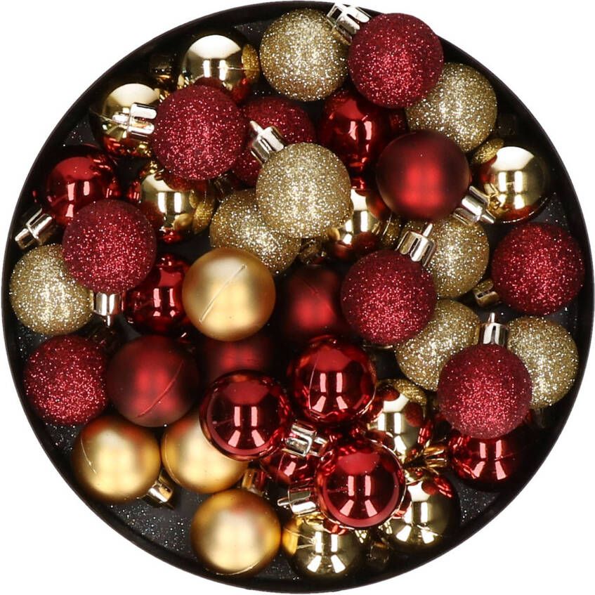Merkloos Kleine kunststof kerstversiering 40x stuks set en 3 cm kerstballen in het goud en donkerrood Kerstbal