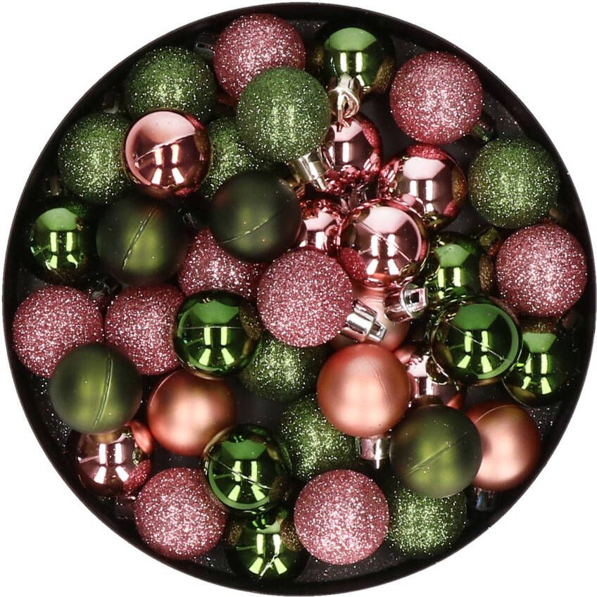 Merkloos Kleine kunststof kerstversiering 40x stuks set en 3 cm kerstballen in het roze en groen Kerstbal