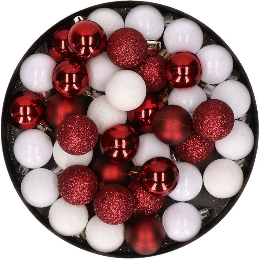 Merkloos Kleine kunststof kerstversiering 40x stuks set en 3 cm kerstballen in het wit en donkerrood Kerstbal