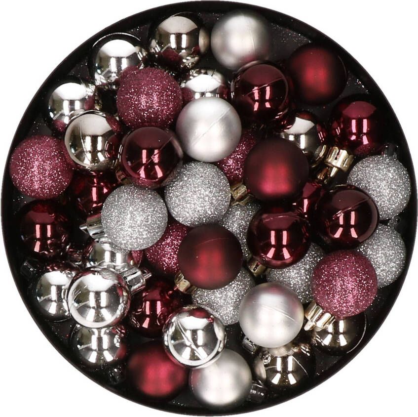 Merkloos Kleine kunststof kerstversiering 40x stuks set en 3 cm kerstballen in het zilver en aubergine Kerstbal