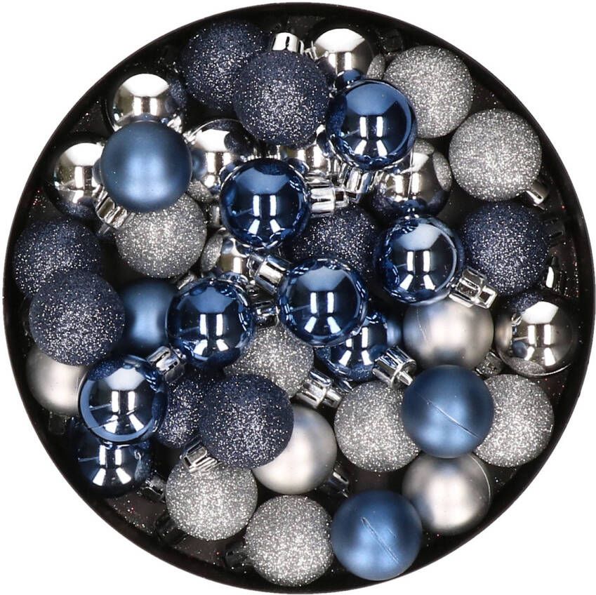 Merkloos Kleine kunststof kerstversiering 40x stuks set en 3 cm kerstballen in het zilver en donkerblauw Kerstbal