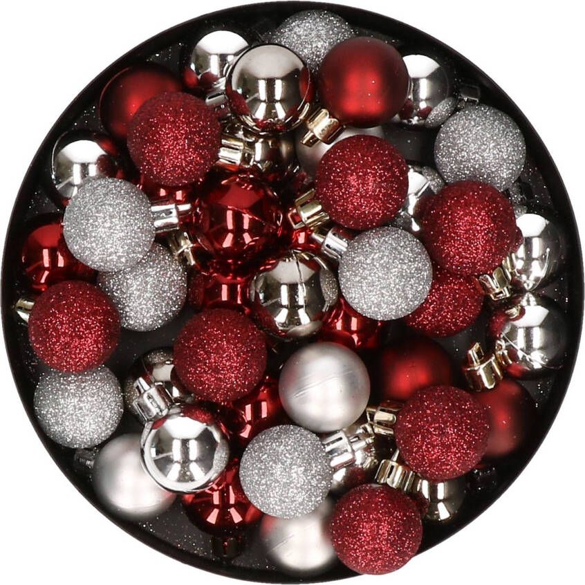 Merkloos Kleine kunststof kerstversiering 40x stuks set en 3 cm kerstballen in het zilver en donkerrood Kerstbal