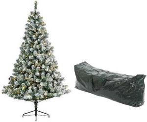 Merkloos Kerst kunstboom Imperial Pine 210 cm besneeuwd met lichtjes en opbergzak Kunstkerstboom