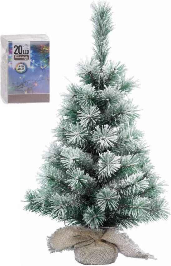 Merkloos Kunst kerstboom met sneeuw 35 cm in jute zak inclusief 20 gekleurde lampjes Kunstkerstboom
