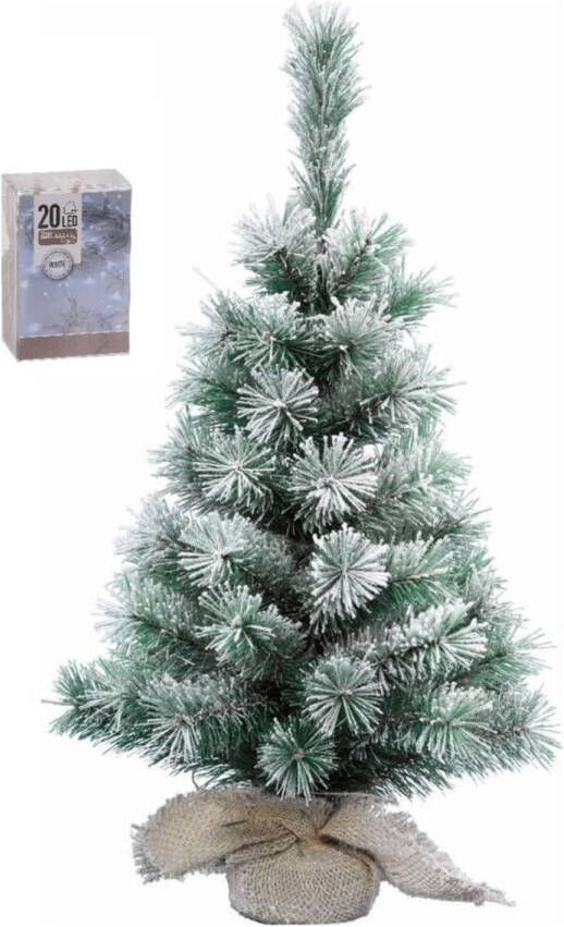 Merkloos Kunst kerstboom met sneeuw 35 cm in jute zak inclusief 20 helder witte lampjes Kunstkerstboom