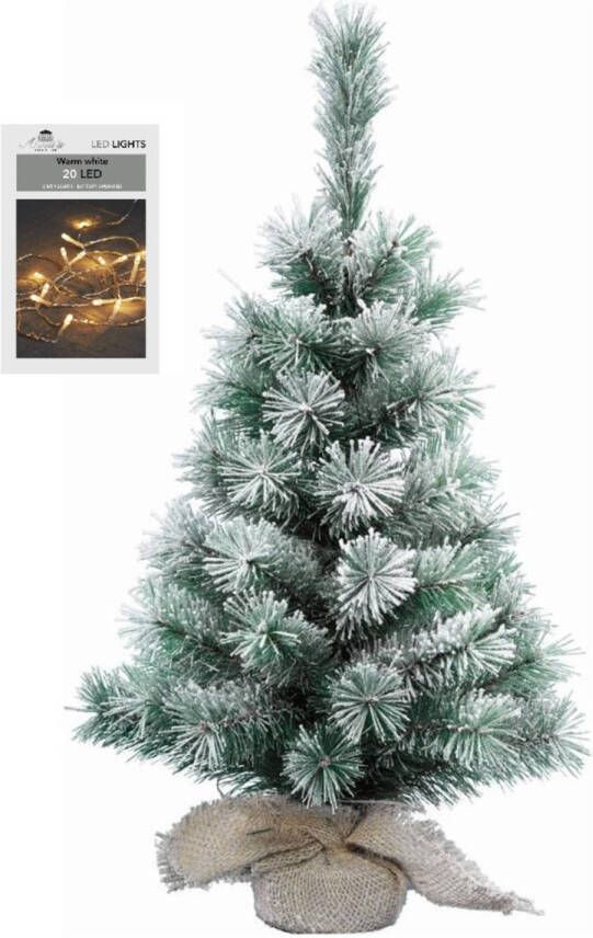 Merkloos Kunst kerstboom met sneeuw 35 cm in jute zak inclusief 20 warm witte lampjes Kunstkerstboom