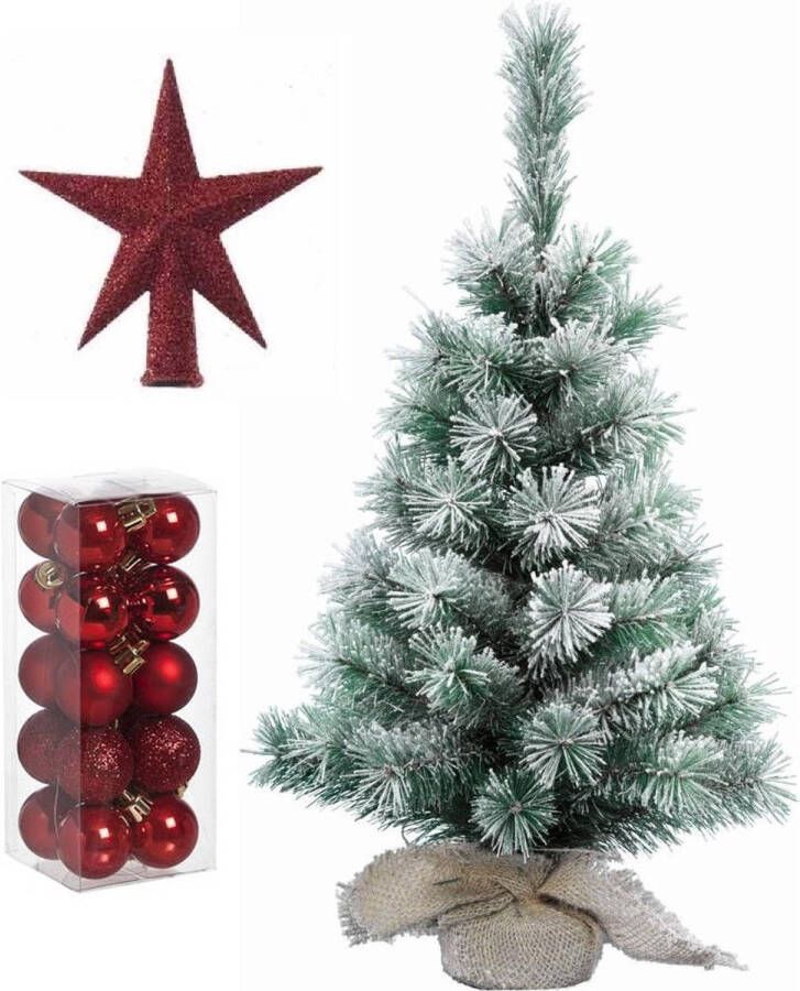 Merkloos Kunst kerstboom met sneeuw 35 cm in jute zak inclusief rode versiering 21-delig Kunstkerstboom