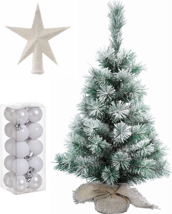 Merkloos Kunst kerstboom met sneeuw 35 cm in jute zak inclusief witte versiering 21-delig Kunstkerstboom