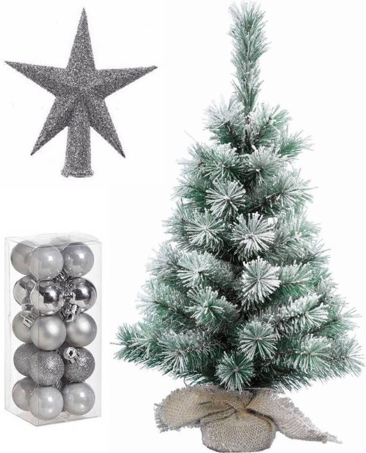 Merkloos Kunst kerstboom met sneeuw 35 cm in jute zak inclusief zilveren versiering 21-delig Kunstkerstboom
