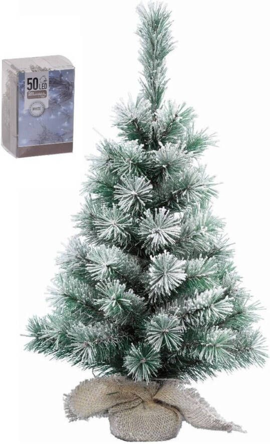 Merkloos Kunst kerstboom met sneeuw 60 cm in jute zak inclusief 50 helder witte lampjes Kunstkerstboom