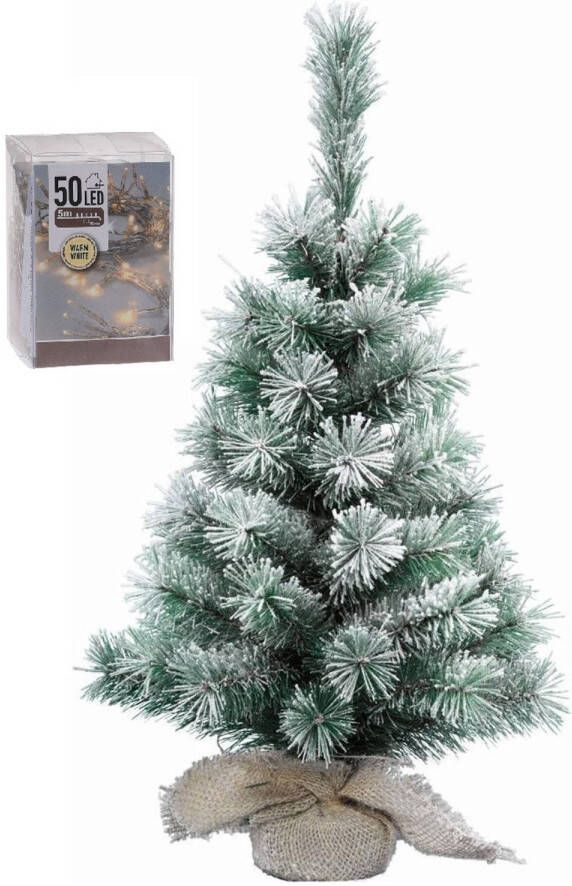 Merkloos Kunst kerstboom met sneeuw 60 cm in jute zak inclusief 50 warm witte lampjes Kunstkerstboom