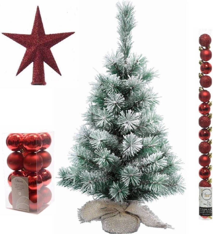 Merkloos Kunst kerstboom met sneeuw 60 cm in jute zak inclusief rode versiering 31-delig Kunstkerstboom