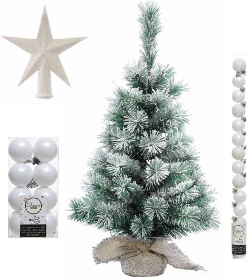 Merkloos Kunst kerstboom met sneeuw 60 cm in jute zak inclusief witte versiering 31-delig Kunstkerstboom