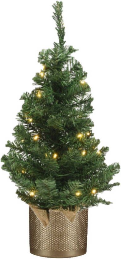 Merkloos Kunst kerstboom kunstboom 75 cm met verlichting inclusief gouden pot Kunstkerstboom