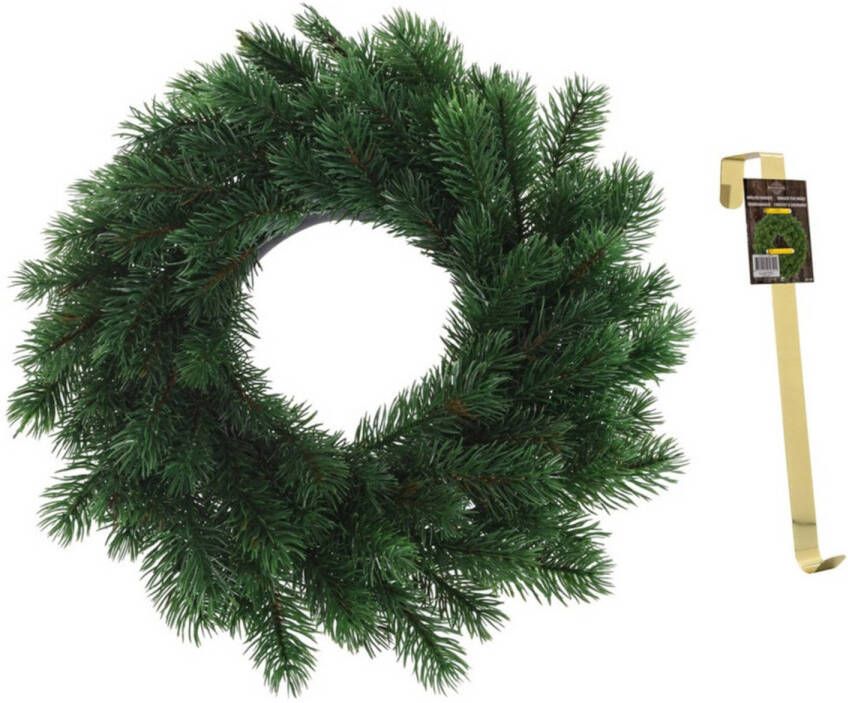 Merkloos Kunst kerstkrans groen 35 cm met gouden hanger Kerstkransen
