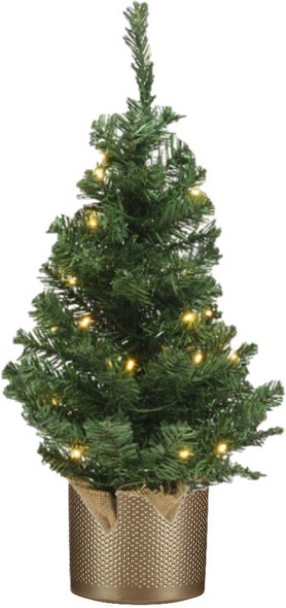 Merkloos Kunstboom kunst kerstboom groen 60 cm met verlichting en gouden pot Kunstkerstboom