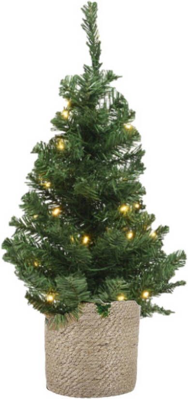 Merkloos Kunstboom kunst kerstboom groen 60 cm met verlichting en naturel jute pot Kunstkerstboom