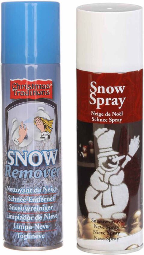 Merkloos Kunstsneeuw spray set 1x sneeuw spuitbus 300 ml en 1x verwijderaar spuitbus 125 ml Decoratiesneeuw