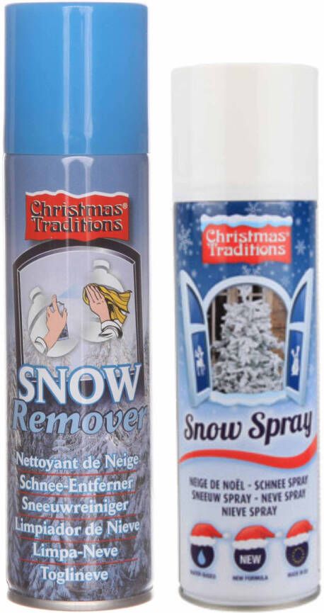 Christmas Tradition Kunstsneeuw spray set 1x sneeuw spuitbus 600 ml en 1x verwijderaar spuitbus 125 ml Decoratiesneeuw