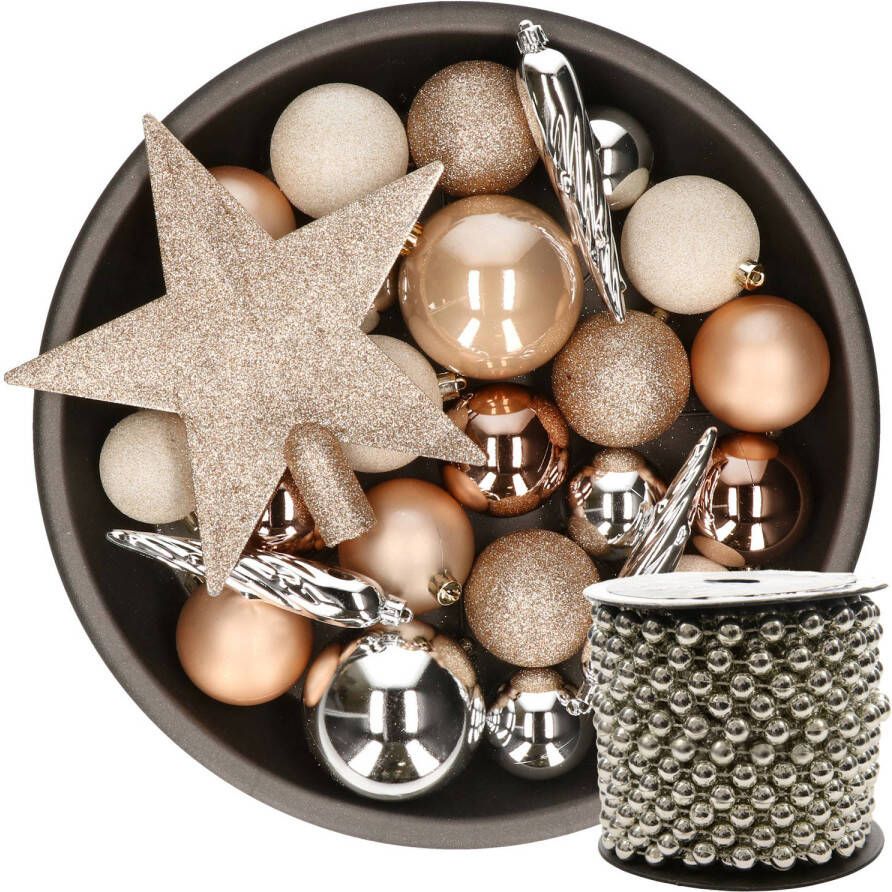 Decoris Kunststof kerstballen 33x st bruin-wit-zilver met piek en kralenslinger zilver Kerstbal