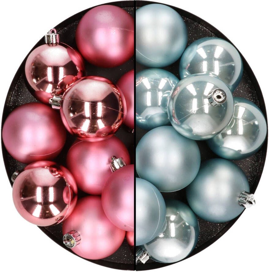 Merkloos Kunststof kerstballen 6 cm 24 stuks roze en lichtblauw Kerstbal