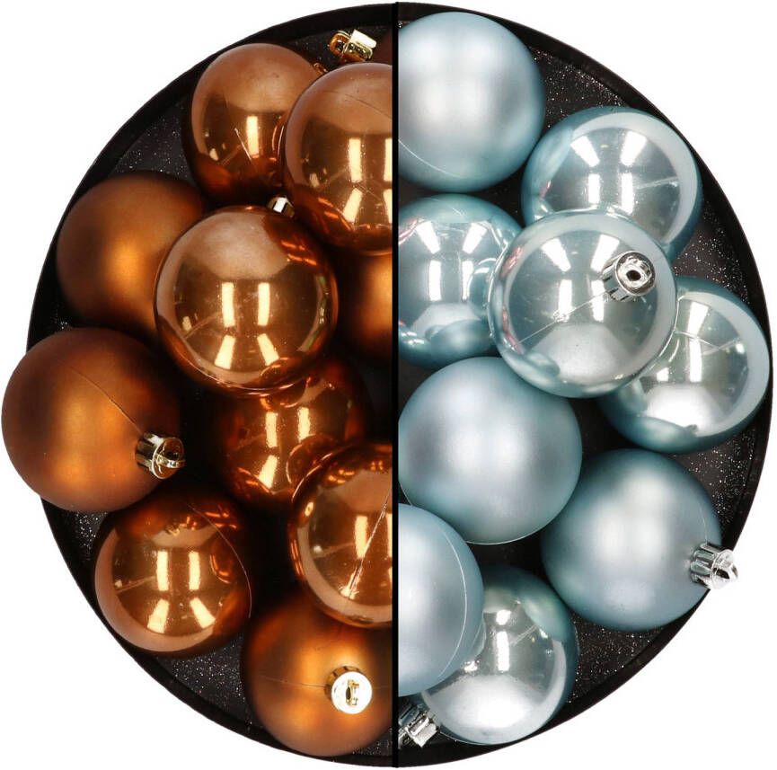 Merkloos Kunststof kerstballen 6 cm 24x stuks bruin en lichtblauw Kerstbal